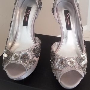 Nina Shoes Sequence Design Silver Satin Stilettos